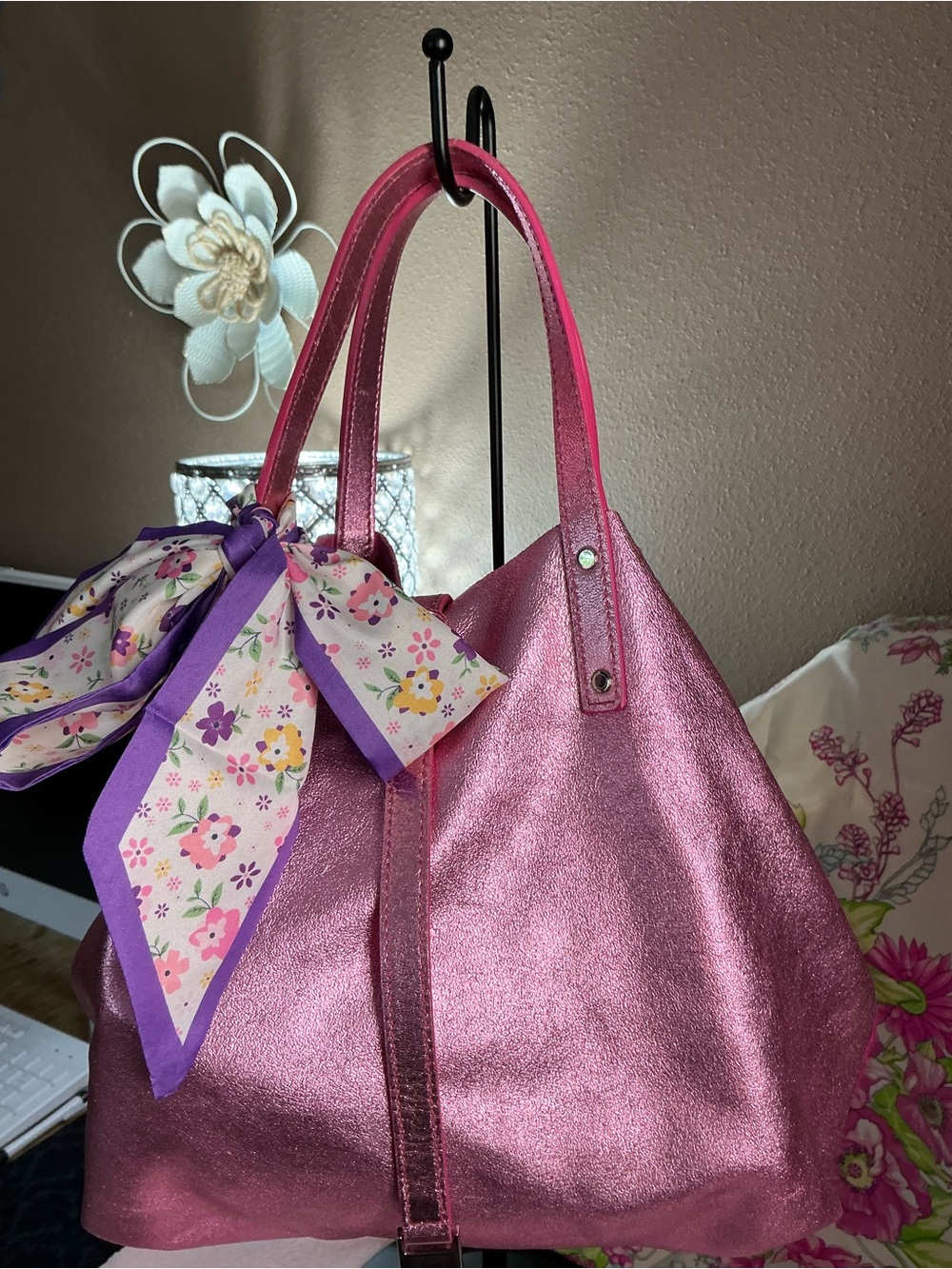Tiffany & Co. Metallic Pink Leather Slouchy Tote Shoulder Bag